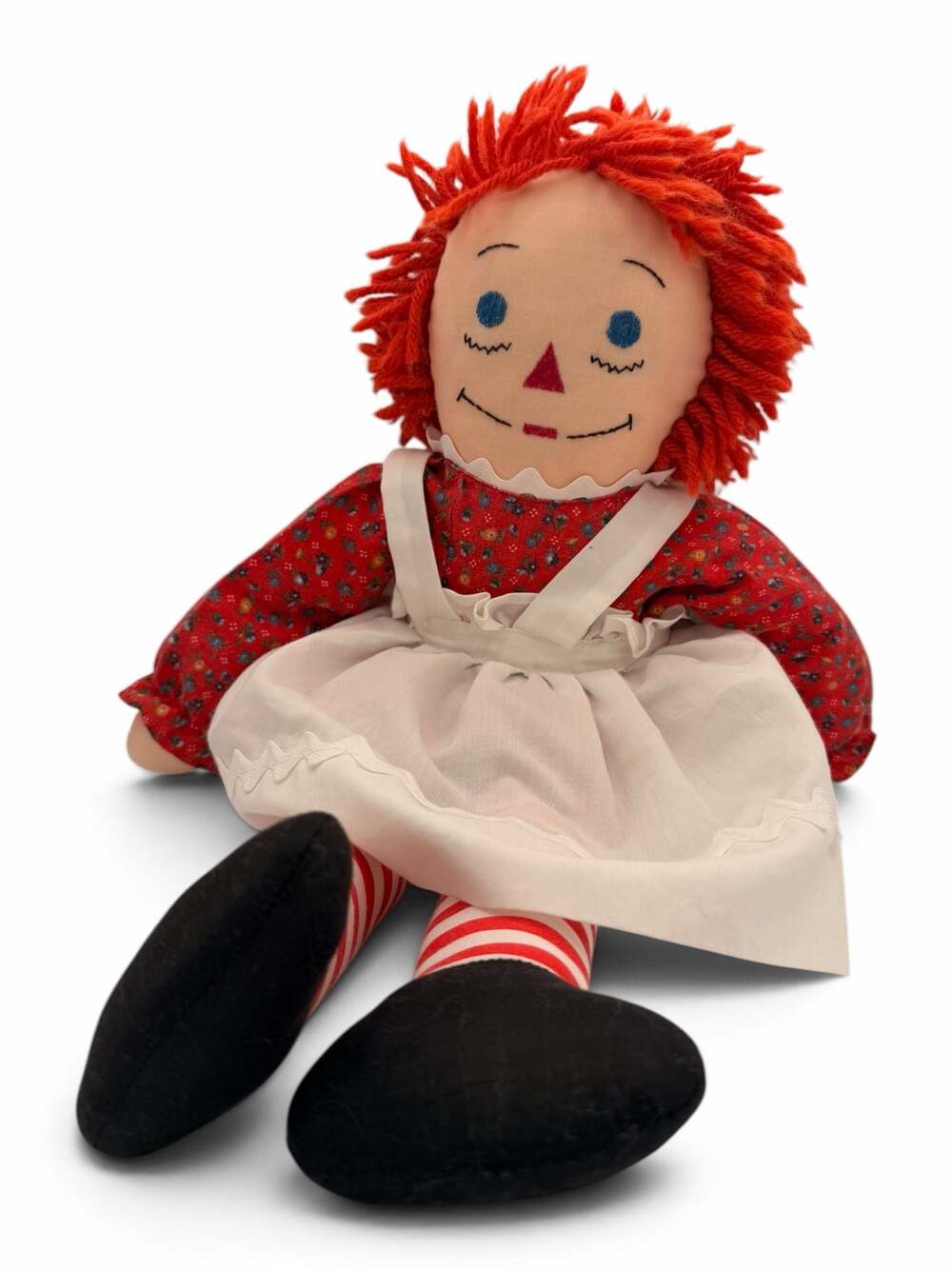 Raggedy Ann Doll Vintage Handmade Fabric Doll with Floral Dress and White Apron